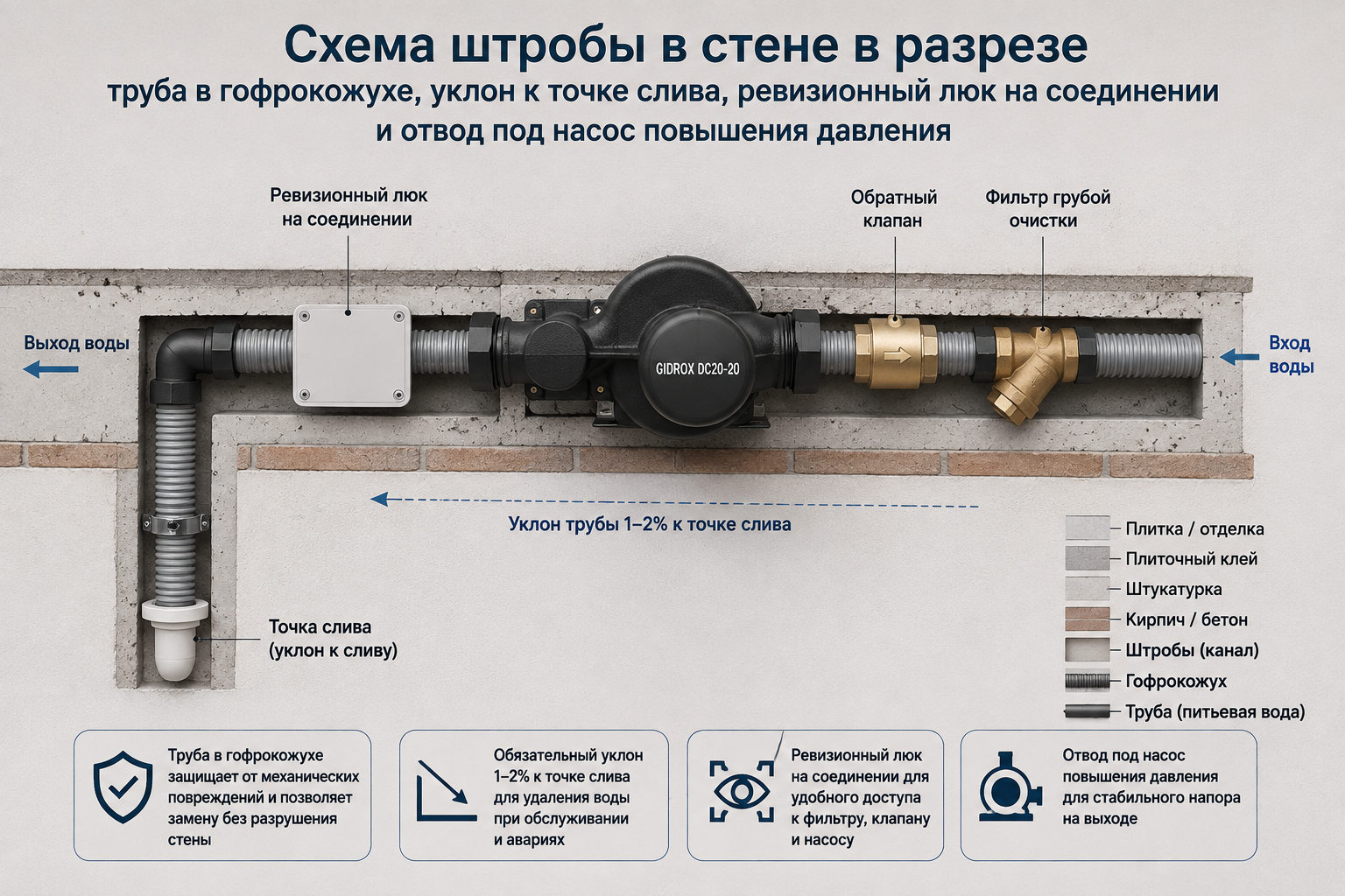 Схема штробы в стене в разрезе — труба в гофрокожухе, уклон к точке слива, ревизионный люк на соединении и отвод под насос повышения давления