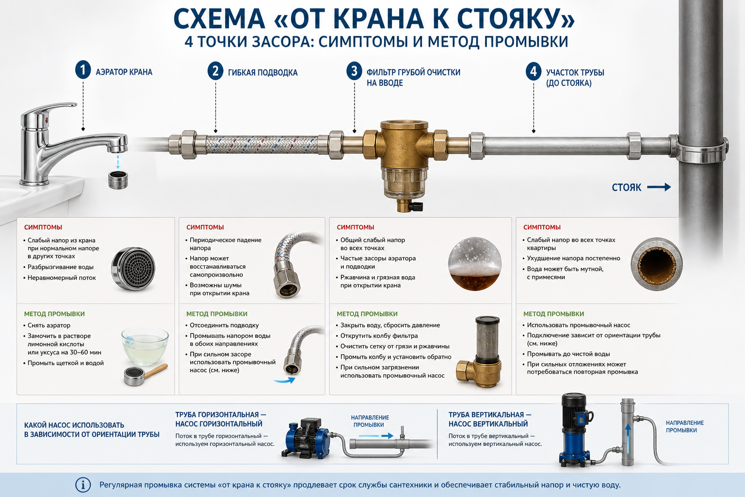 Схема «от крана к стояку» с 4 точками засора: аэратор крана, гибкая подводка, фильтр грубой очистки на вводе, участок трубы — с подписями симптомов и метода промывки для каждой точки