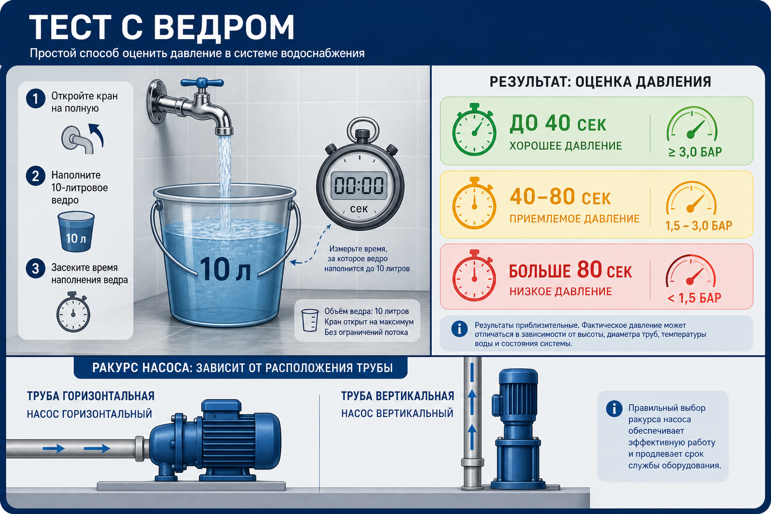 Инфографика «Тест с ведром»: 10-литровое ведро с таймером и три зоны результата с цветовой шкалой — до 40 сек (зелёный, хорошее давление), 40–80 сек (жёлтый, приемлемое), больше 80 сек (красный, низко
