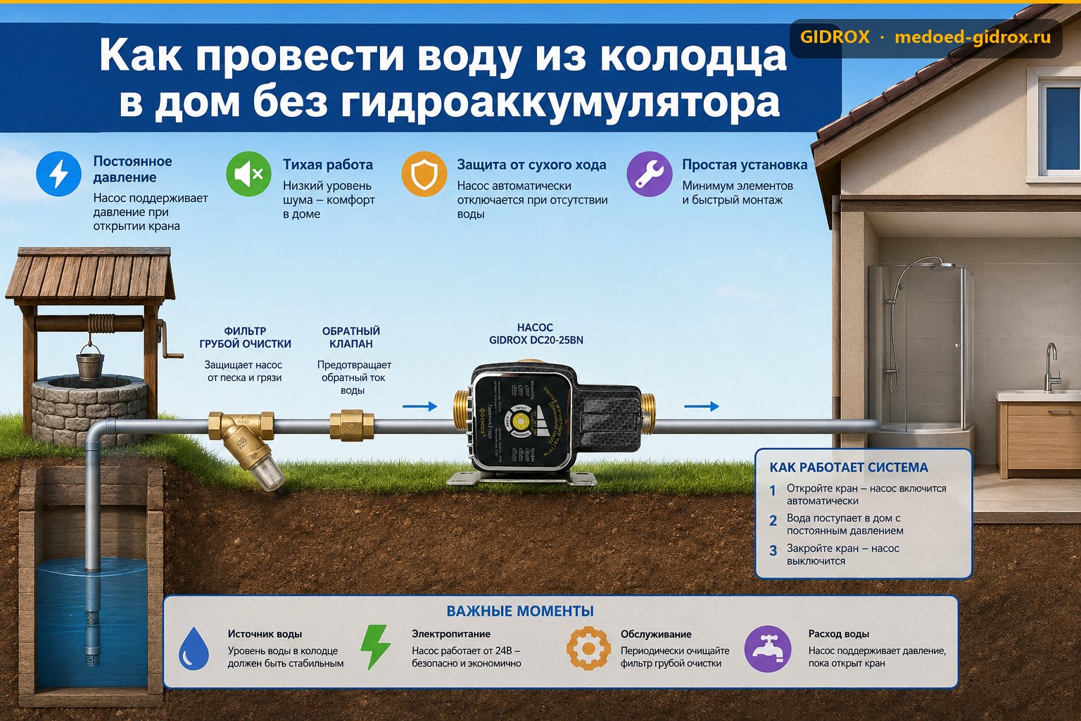 Как провести воду из колодца в дом без гидроаккумулятора