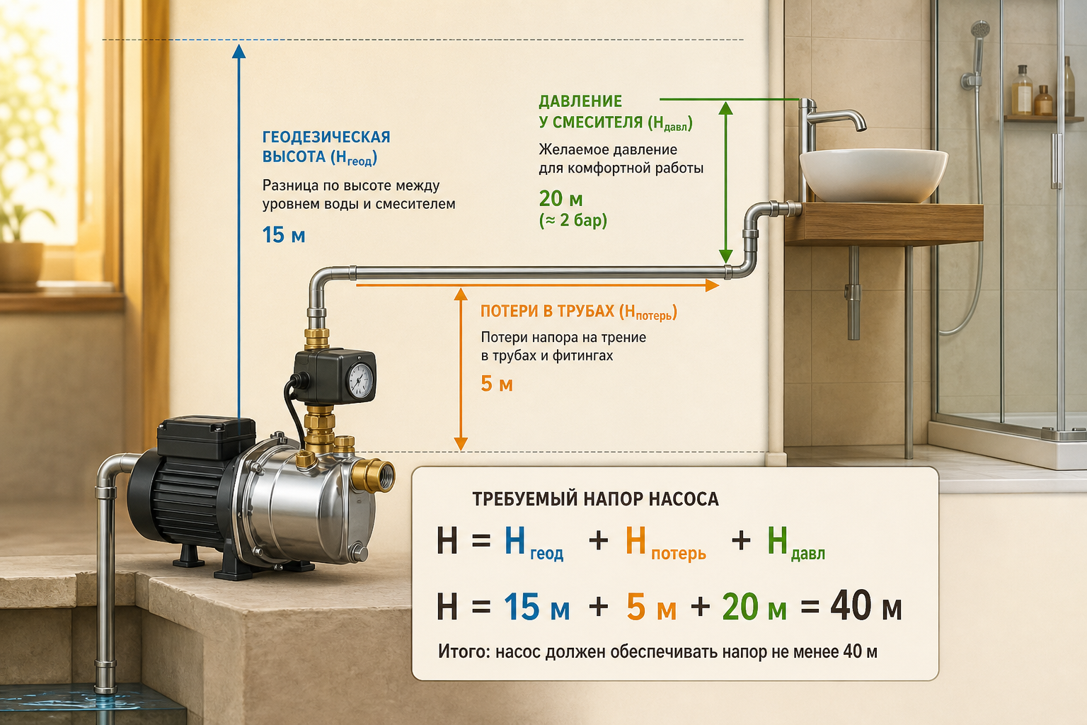 Схема расчёта напора насоса: стрелки с подписями — геодезическая высота, потери в трубах, давление у смесителя — и итоговая формула H = H_геод + H_потерь с числами из примера.