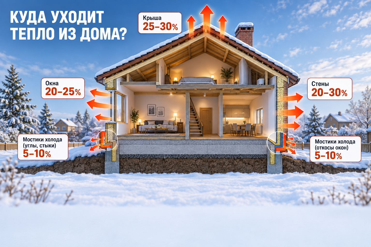 инфографика-схема дома в разрезе с указанием процента теплопотерь через стены, окна, крышу и мостики холода в углах и откосах