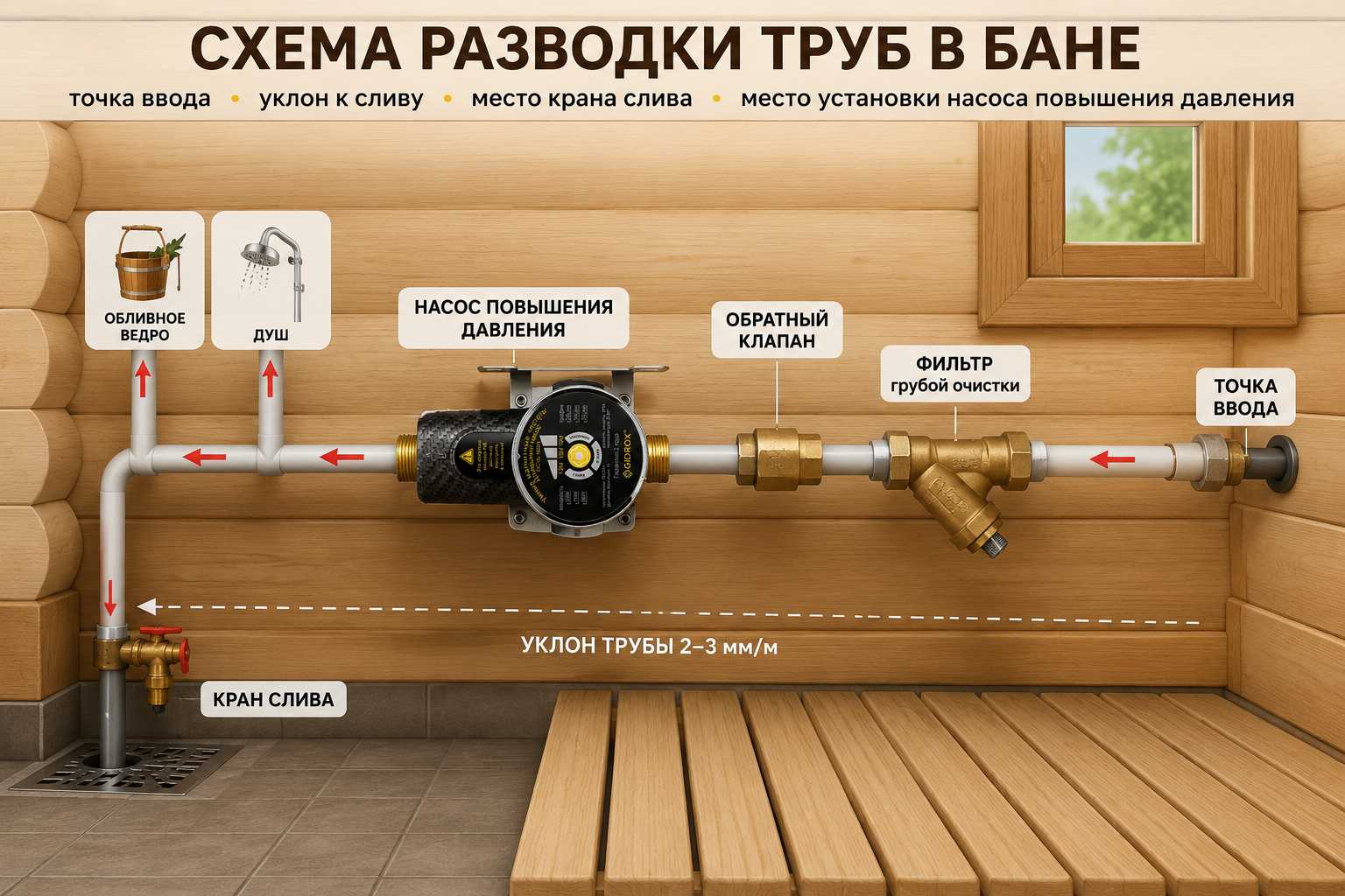 Схема разводки труб в бане: точка ввода, уклон к сливу, место крана слива и место установки насоса повышения давления