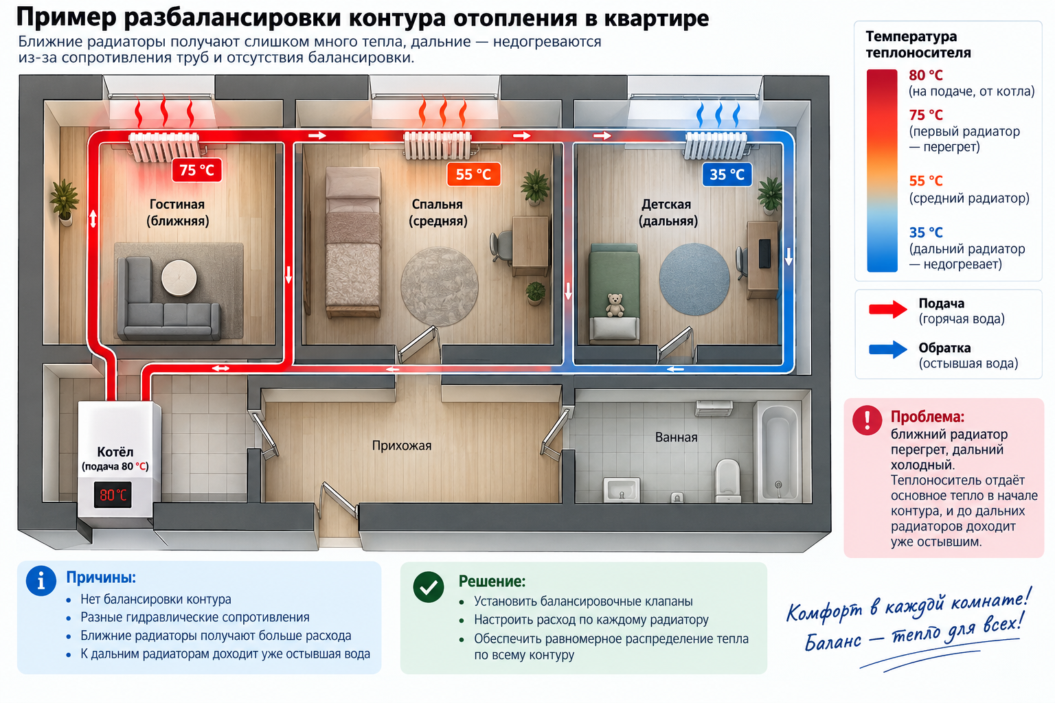 Схема квартиры с радиаторами разной температуры (дальний холодный, ближний перегретый) и стрелками циркуляции воды, показывающая проблему разбалансировки контура отопления