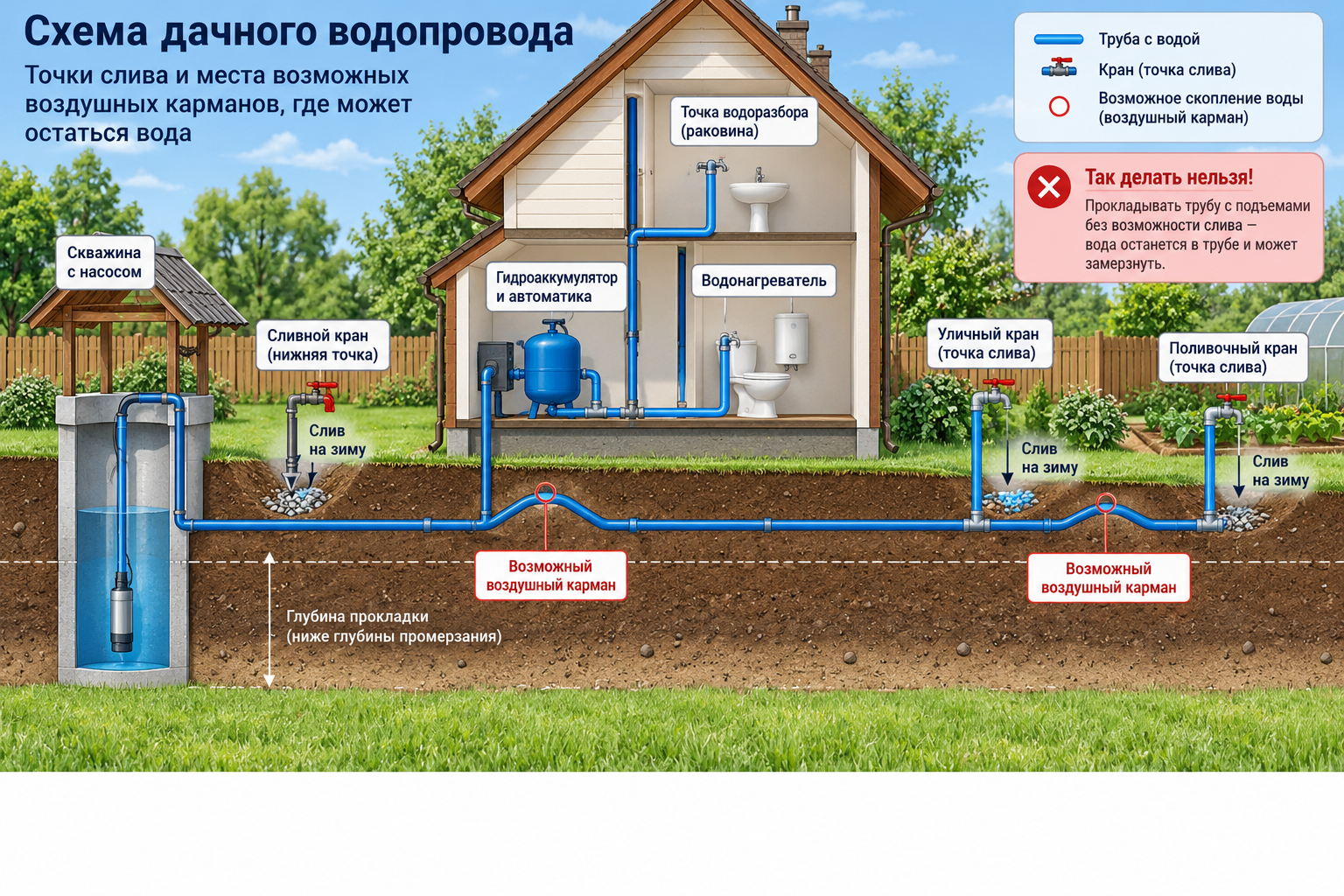 Схема дачного водопровода с указанием точек слива и мест возможных воздушных карманов в трубе, где может остаться вода
