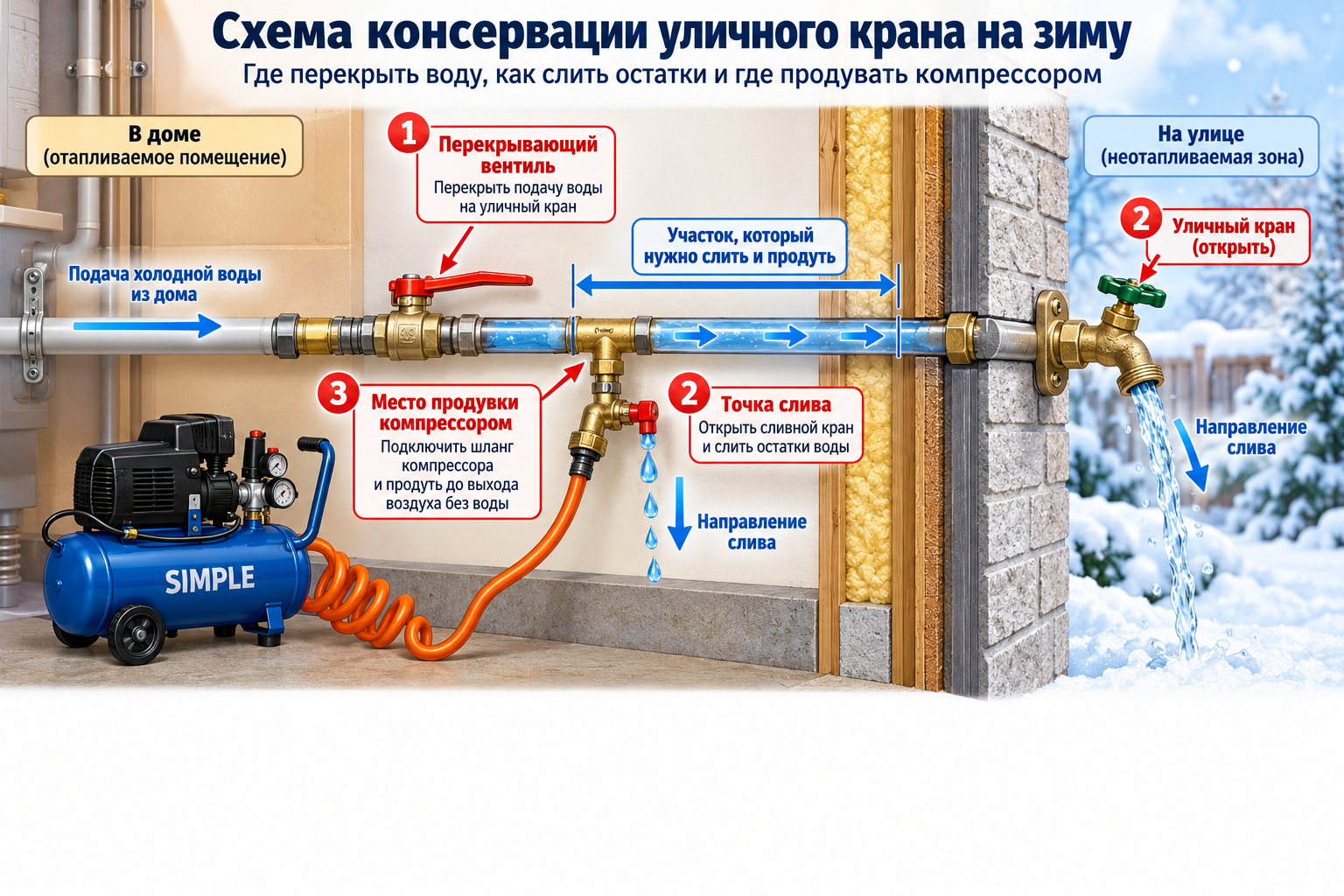 схема консервации уличного крана на зиму с указанием точки перекрытия вентиля, направления слива и места продувки компрессором