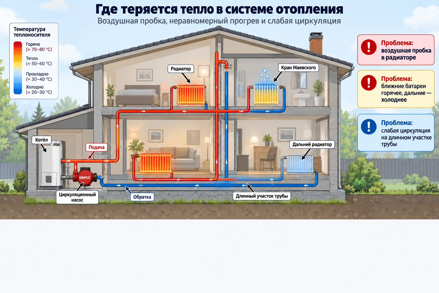 схема дома с контуром отопления, где отмечены точки потерь тепла — воздушная пробка в радиаторе, неравномерный прогрев дальних и ближних батарей, слабая циркуляция на длинном участке трубы
