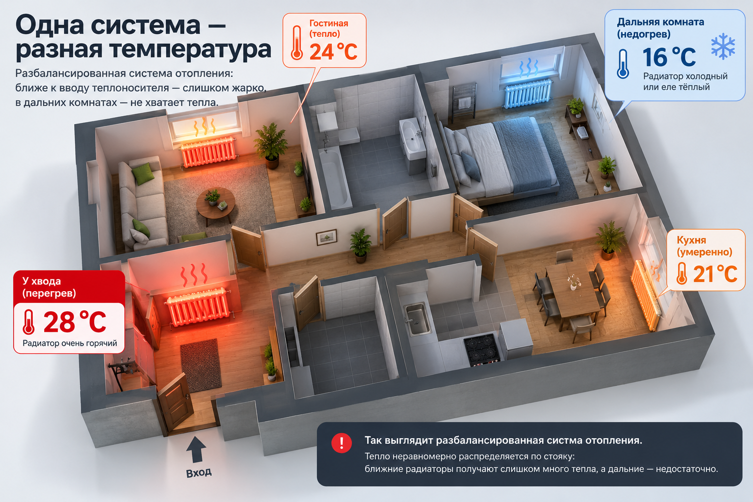 Схема квартиры с радиаторами разной температуры (горячий у входа, холодный в дальней комнате) — визуализация проблемы разбалансированной системы отопления