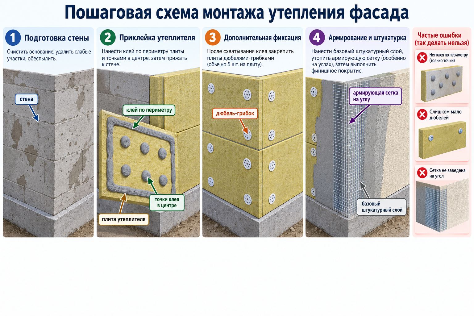пошаговая схема монтажа утепления фасада — стена, плита утеплителя с клеем по периметру и точками в центре, дюбель-грибок, армирующая сетка на углу здания