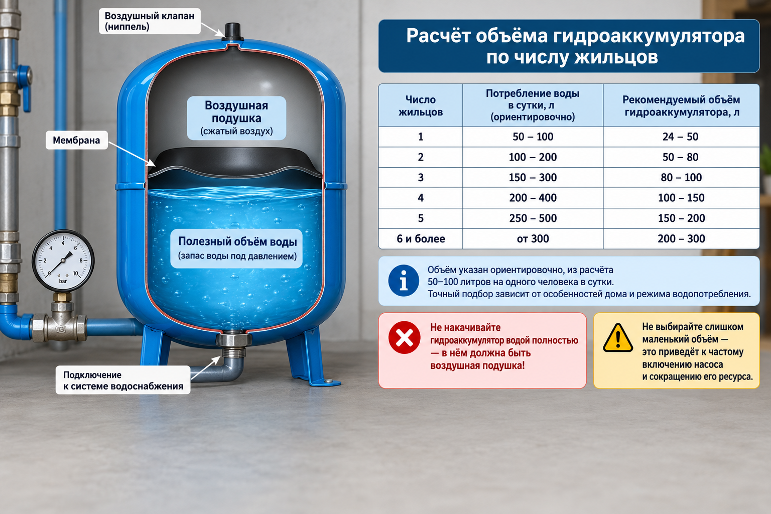 Схема-разрез гидроаккумулятора с подписанными зонами воздушной подушки и полезного объёма воды рядом с таблицей расчёта по числу жильцов