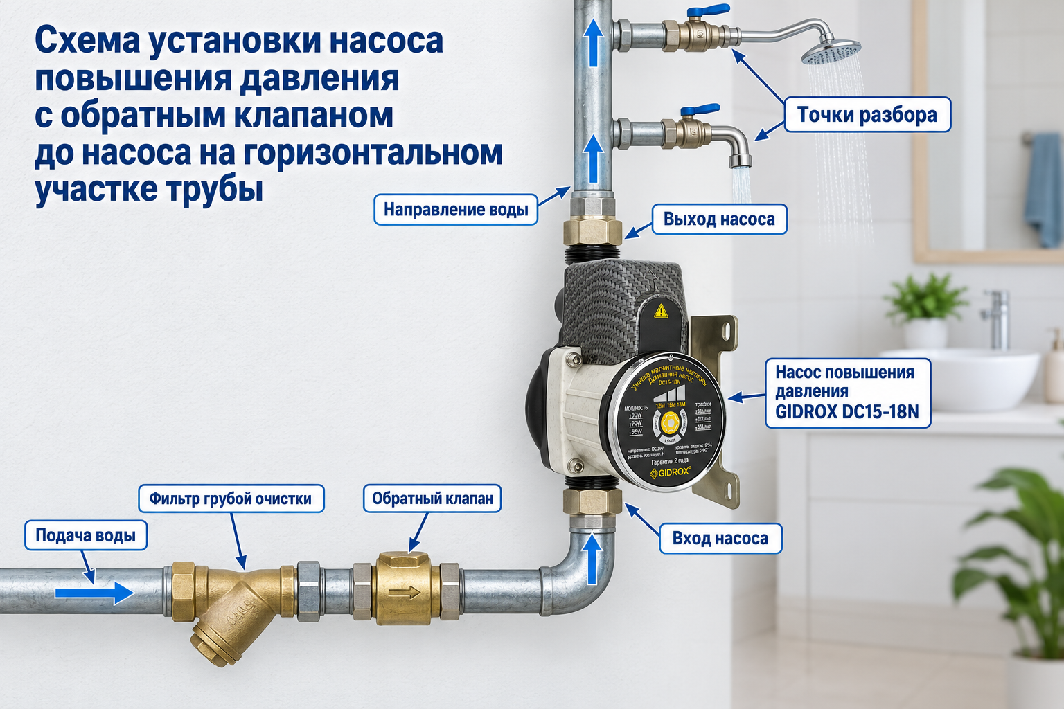 Схема установки насоса повышения давления с обратным клапаном до насоса на горизонтальном участке трубы и подписанными точками подключения