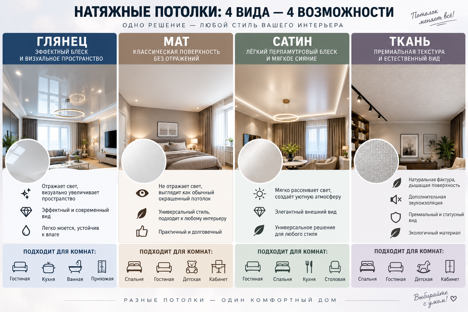 сравнительная схема четырёх видов натяжного потолка (глянец, мат, сатин, ткань) с подписями, для каких комнат подходит каждый