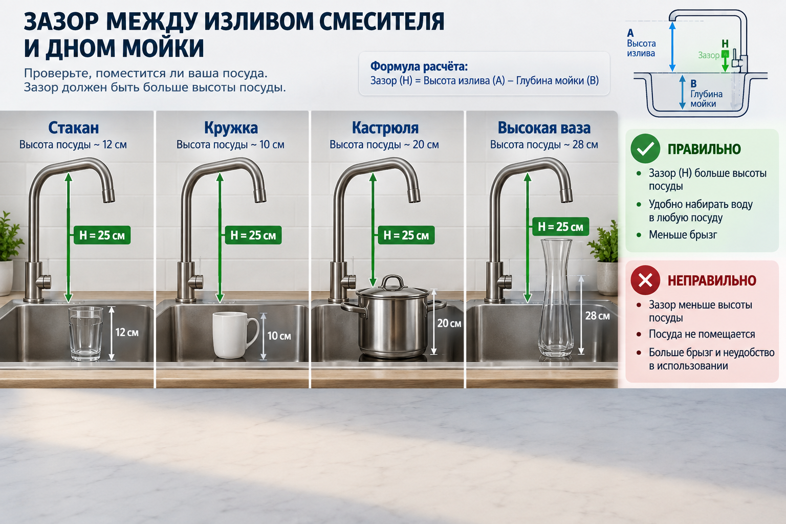 схема с линейкой, показывающая расчёт зазора между высоким изливом смесителя и дном мойки для разной посуды