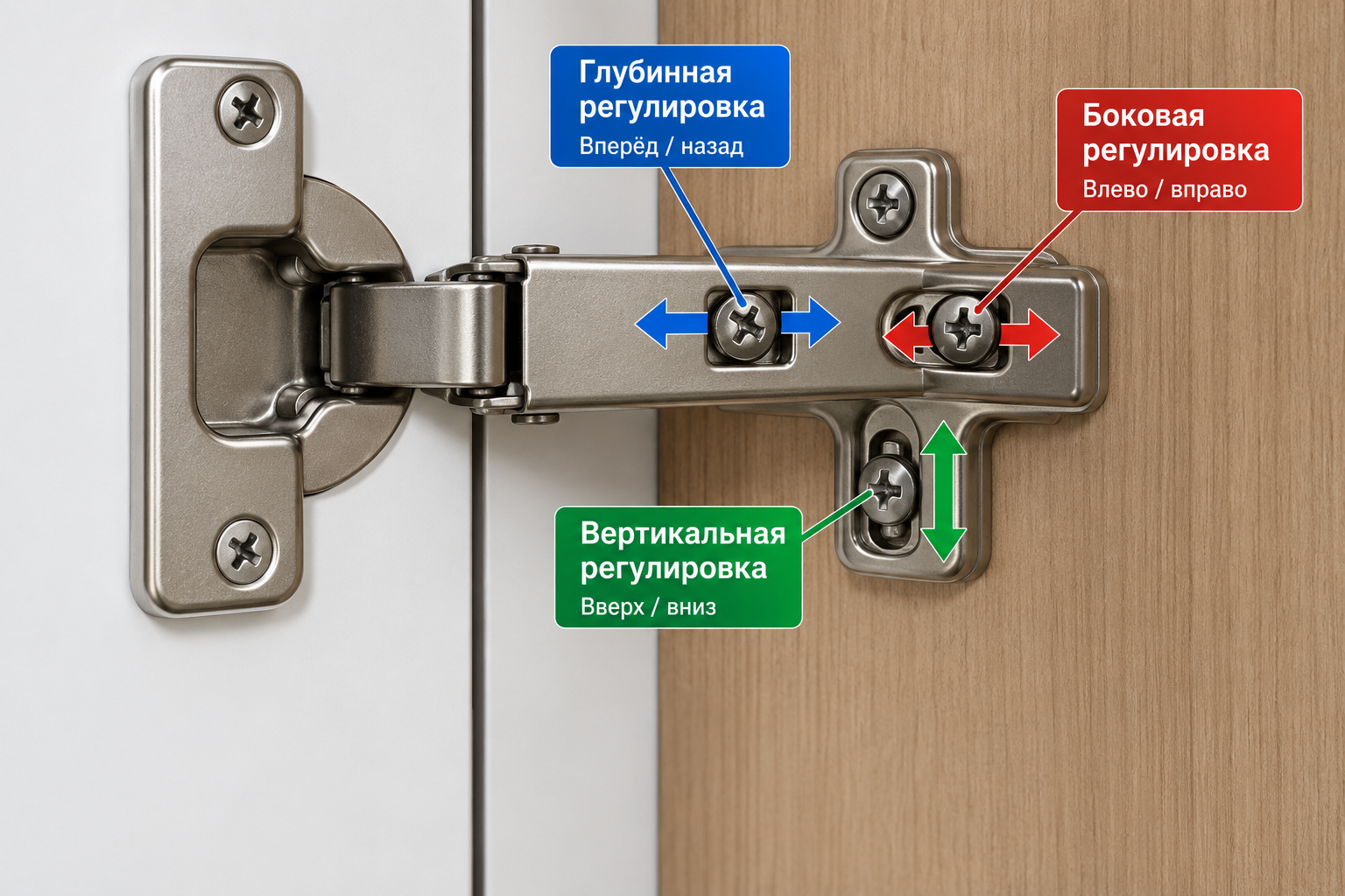 крупный план мебельной петли с тремя подписанными стрелками-направлениями у каждого регулировочного винта (боковой, глубинный, вертикальный)