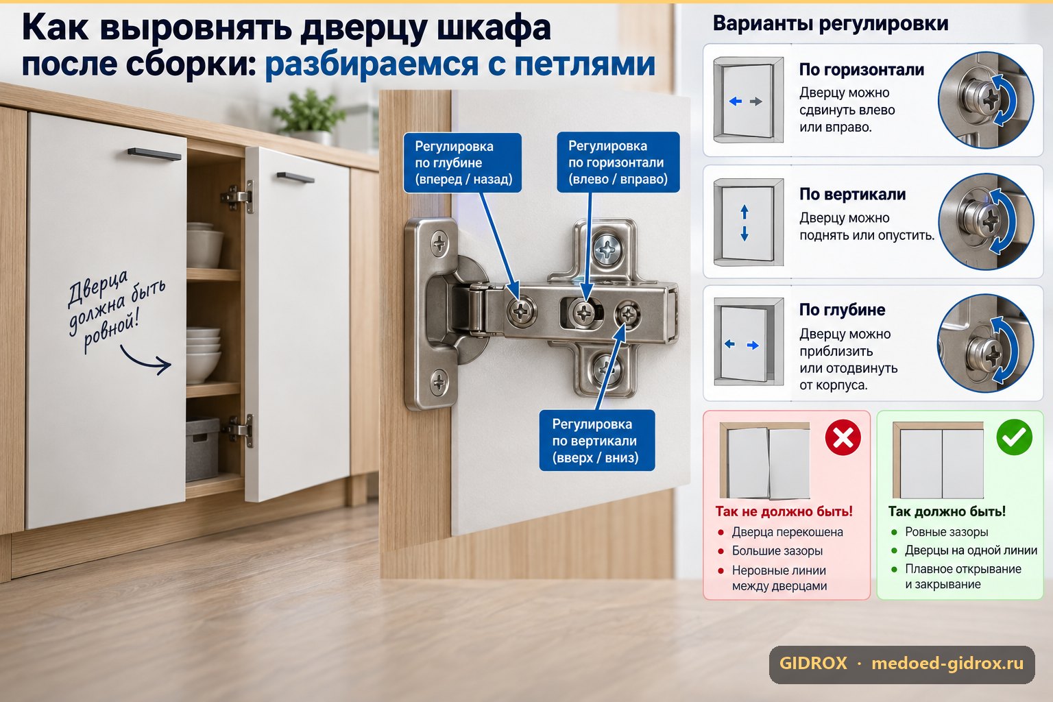 Как выровнять дверцу шкафа после сборки: разбираемся с петлями