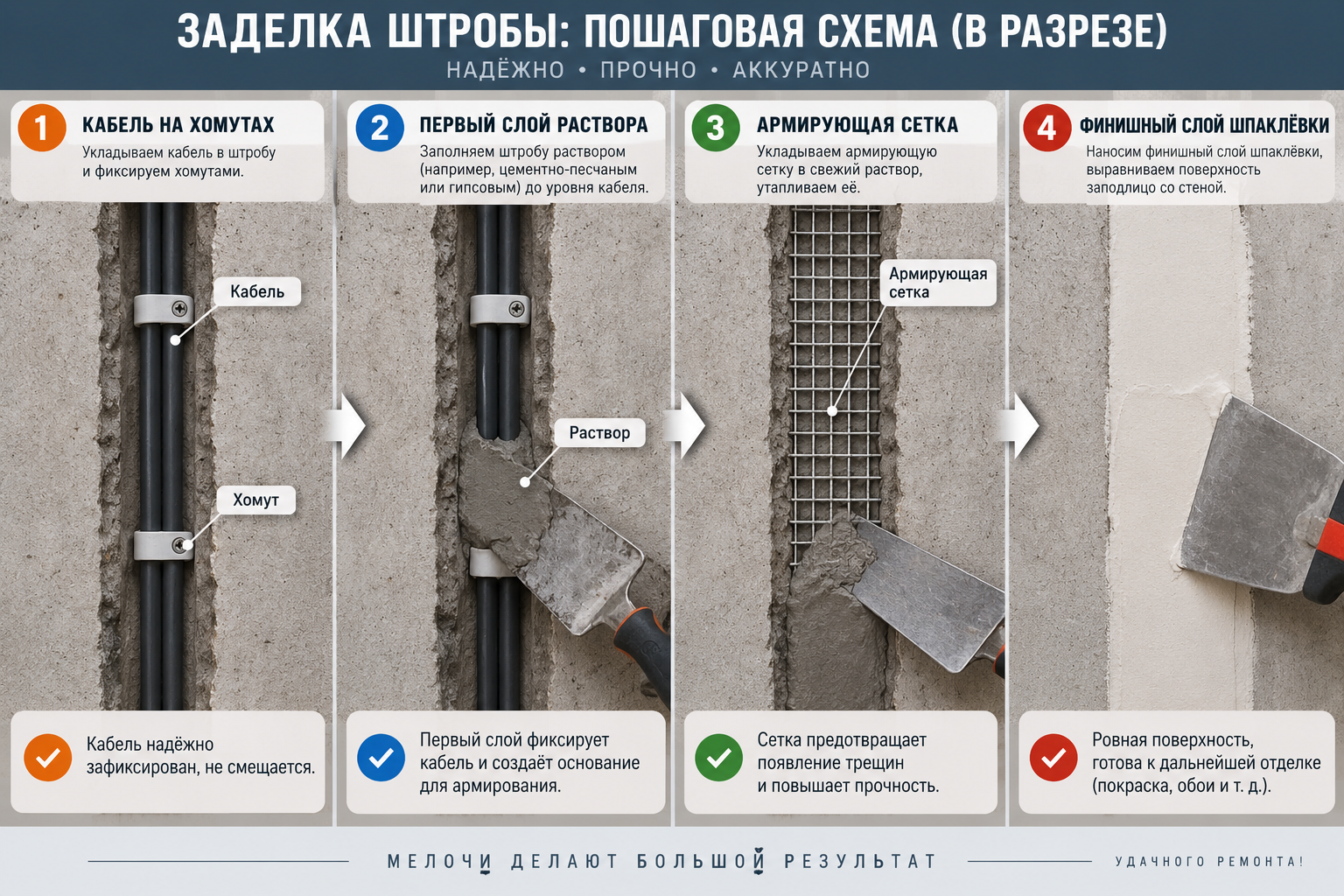 пошаговая схема заделки штробы в разрезе: кабель на хомутах, первый слой раствора, армирующая сетка, финишный слой шпаклёвки