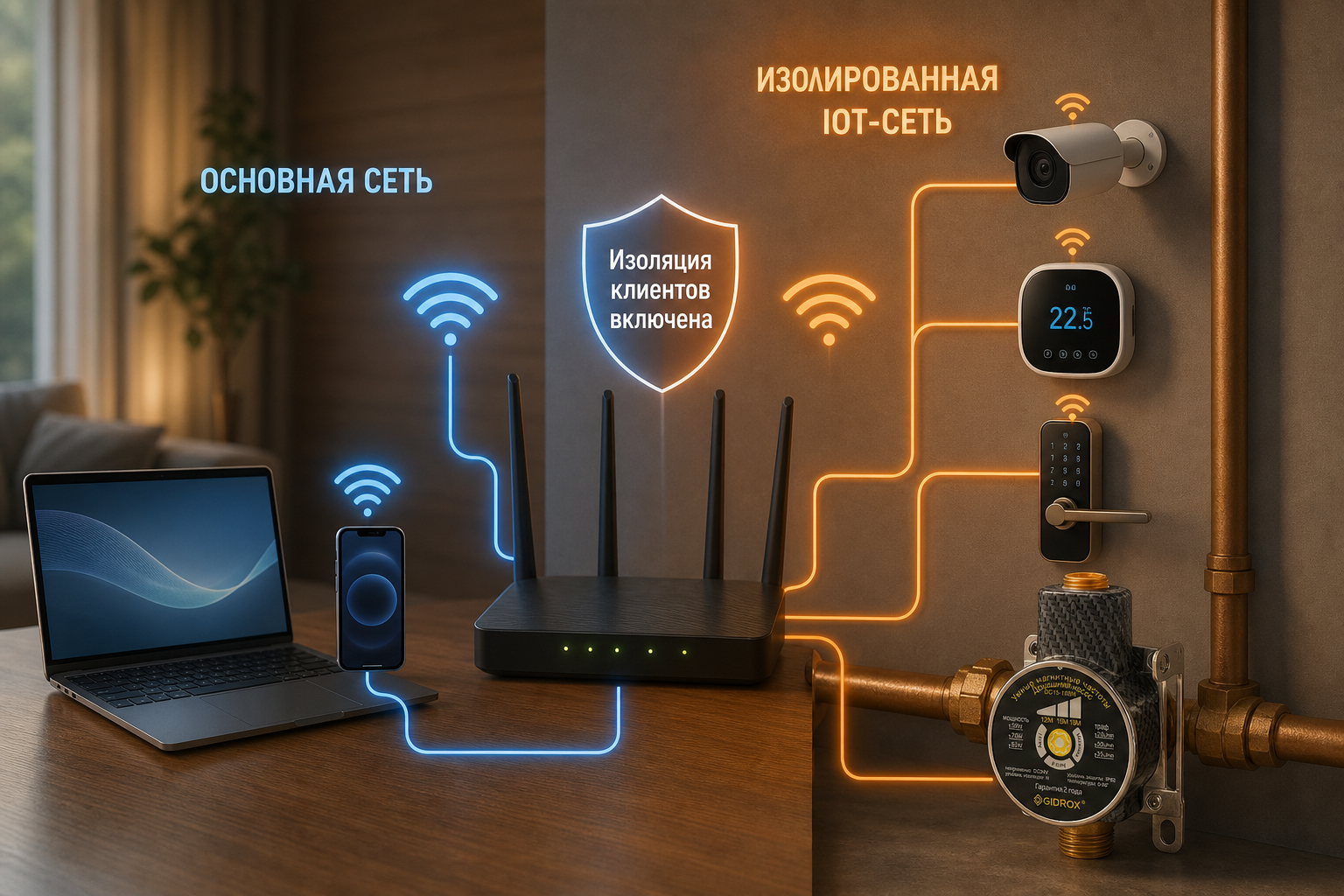 Схема сети умного дома: основная сеть (ноутбук, телефон) и изолированная IoT-сеть (камеры, насос, термостат, замки) — визуально разделены на роутере с подписью «Изоляция клиентов включена»