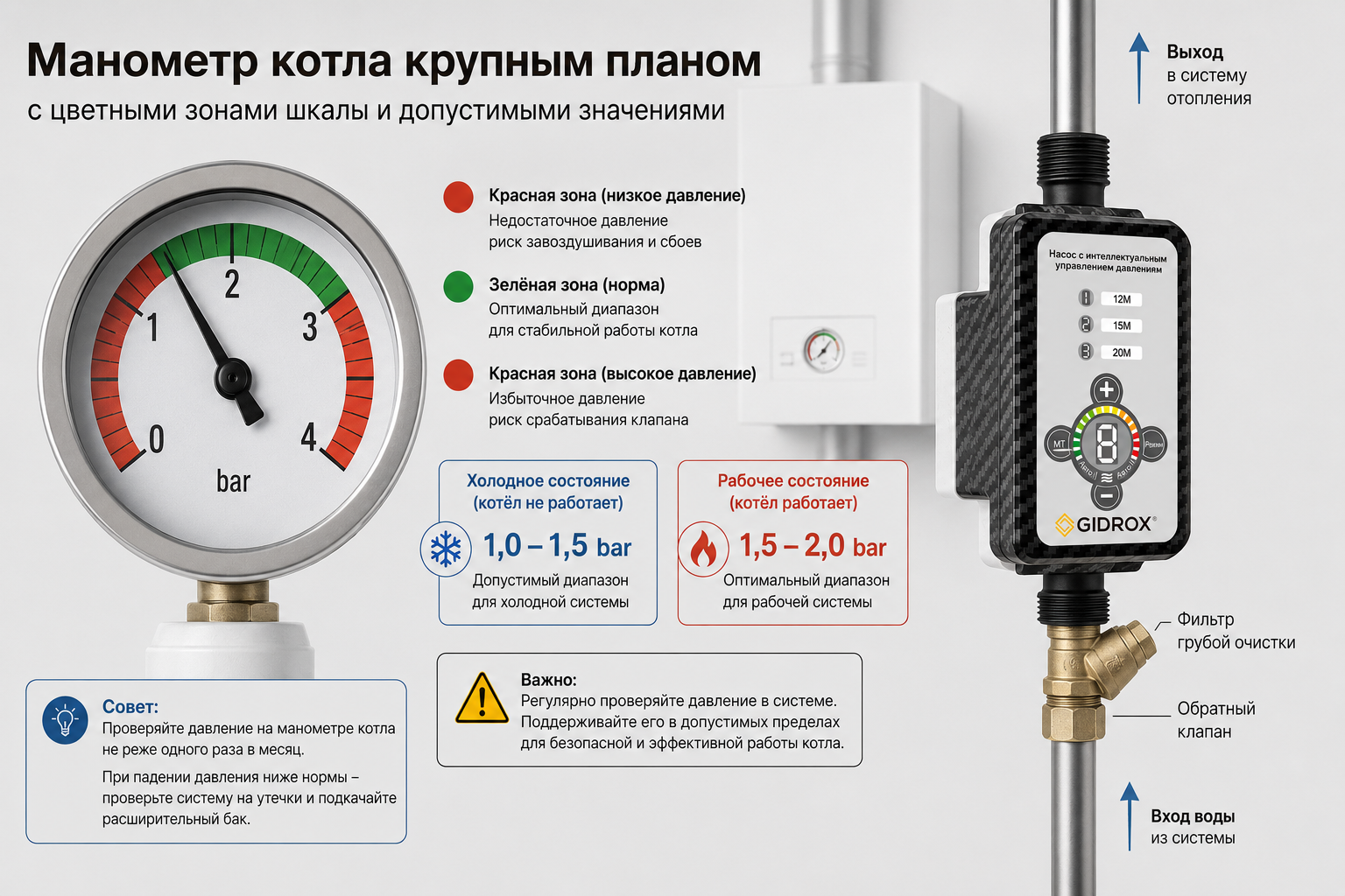 Манометр котла крупным планом с цветными зонами шкалы (красная — низкое, зелёная — норма, красная — высокое) и подписями допустимых значений для холодного и рабочего состояния.