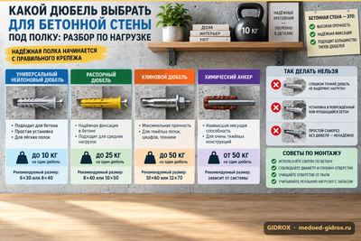 Какой дюбель выбрать для бетонной стены под полку: разбор по нагрузке