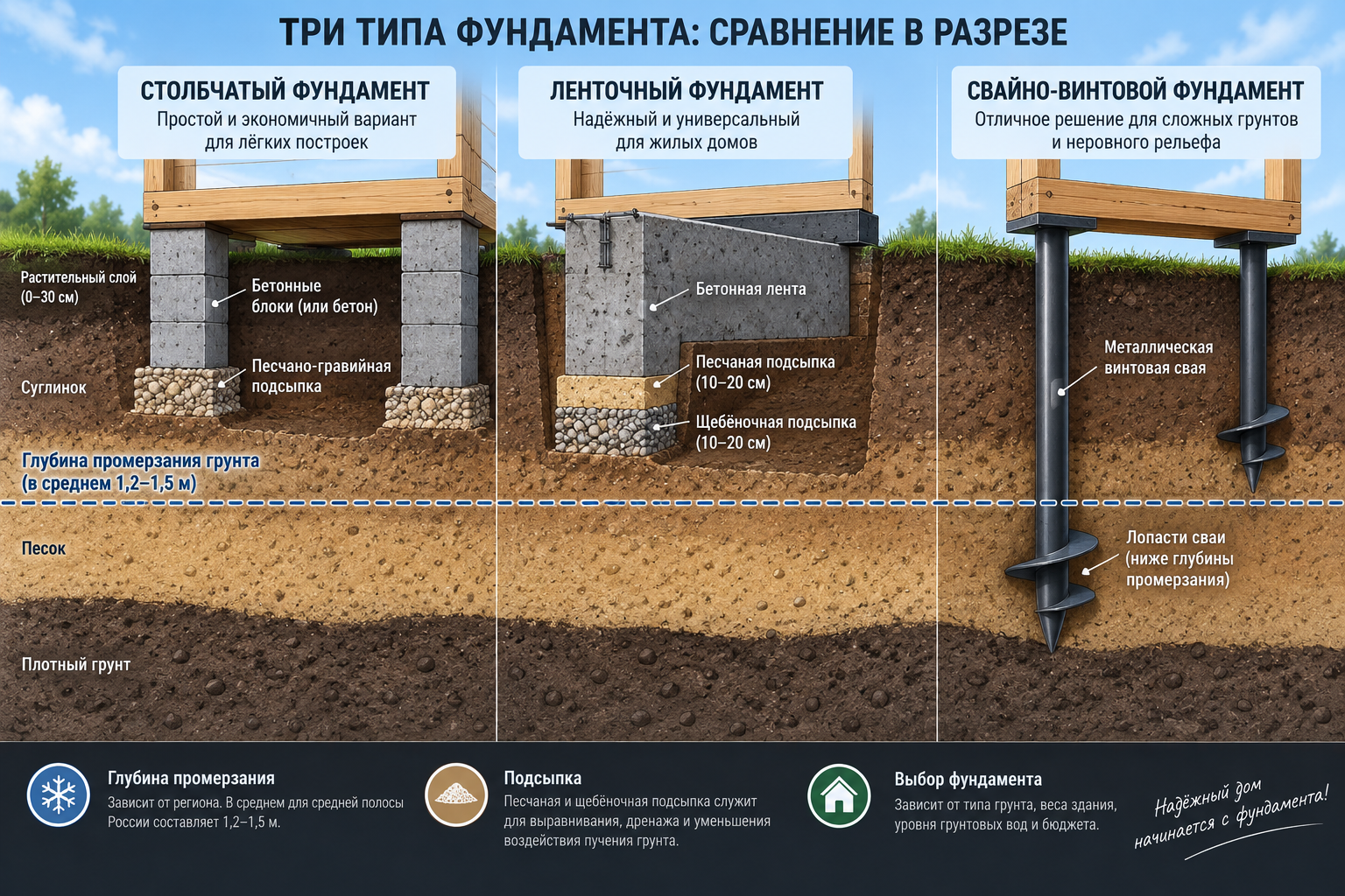 Схема-разрез трёх типов фундамента (столбчатый, ленточный, свайно-винтовой) рядом друг с другом с указанием глубины промерзания и подсыпки