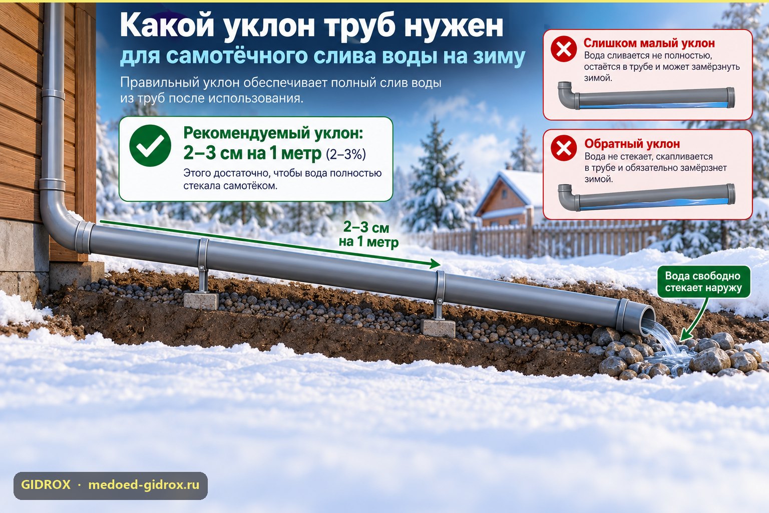 Какой уклон труб нужен для самотёчного слива воды на зиму