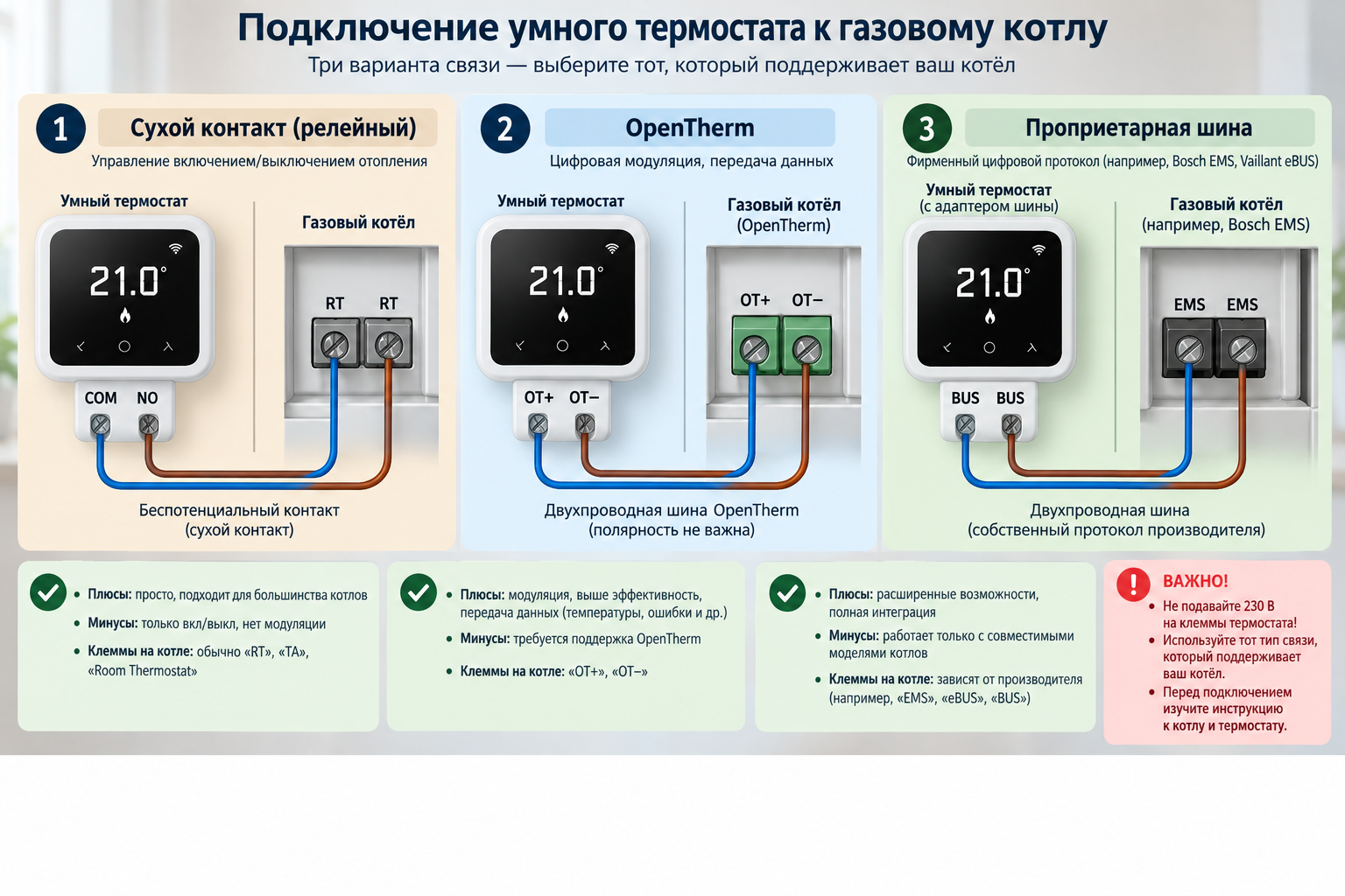 Схема подключения умного термостата к газовому котлу с подписанными клеммами трёх типов связи — сухой контакт, OpenTherm, проприетарная шина