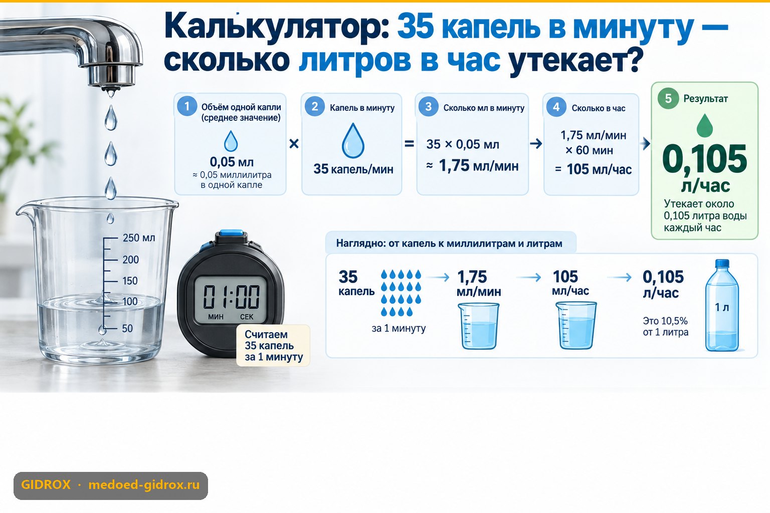 Калькулятор: 35 капель в минуту — сколько литров в час утекает