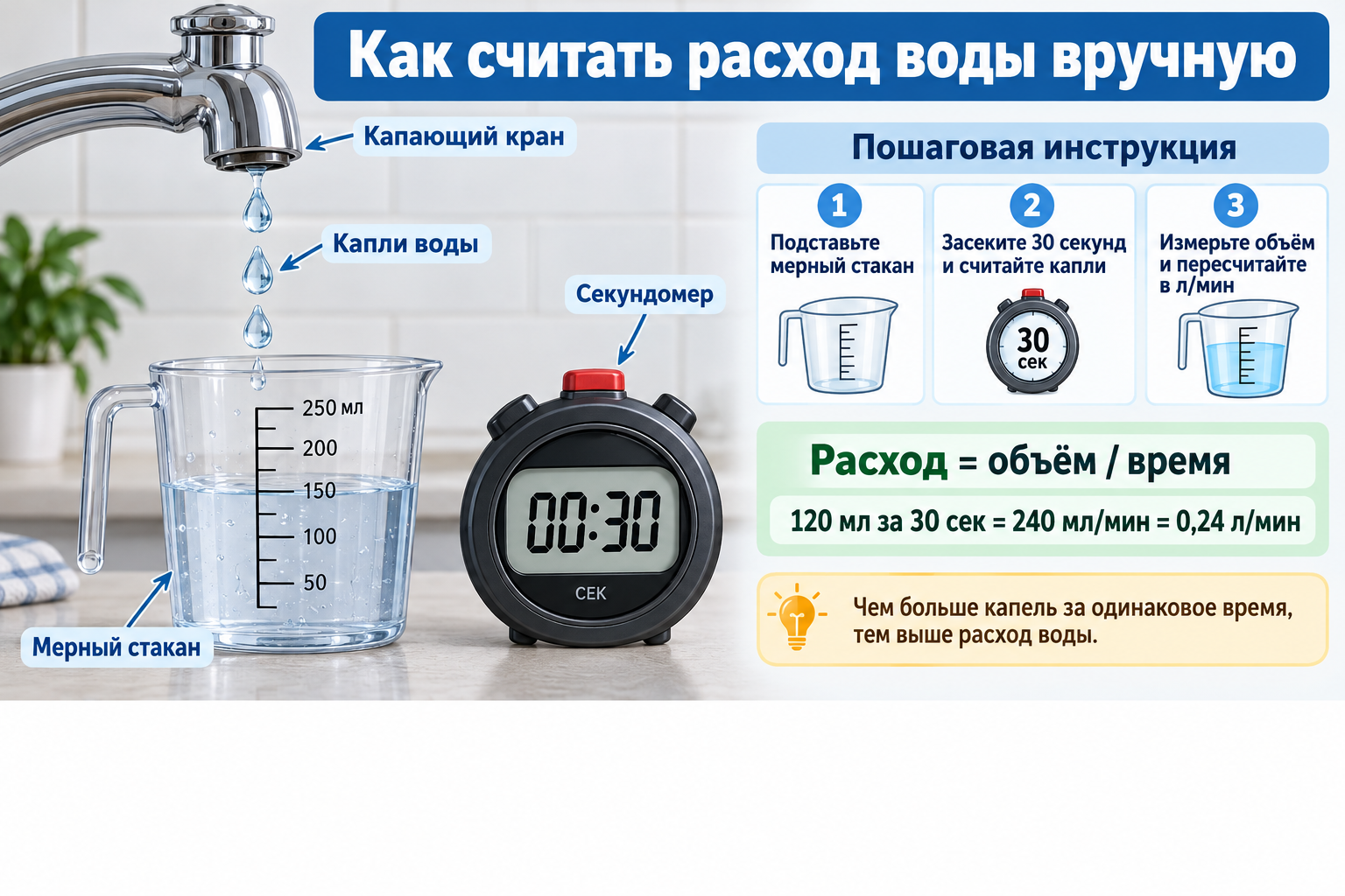 мерный стакан под капающим краном с секундомером рядом и подписанными каплями, показывающими как считать расход воды вручную