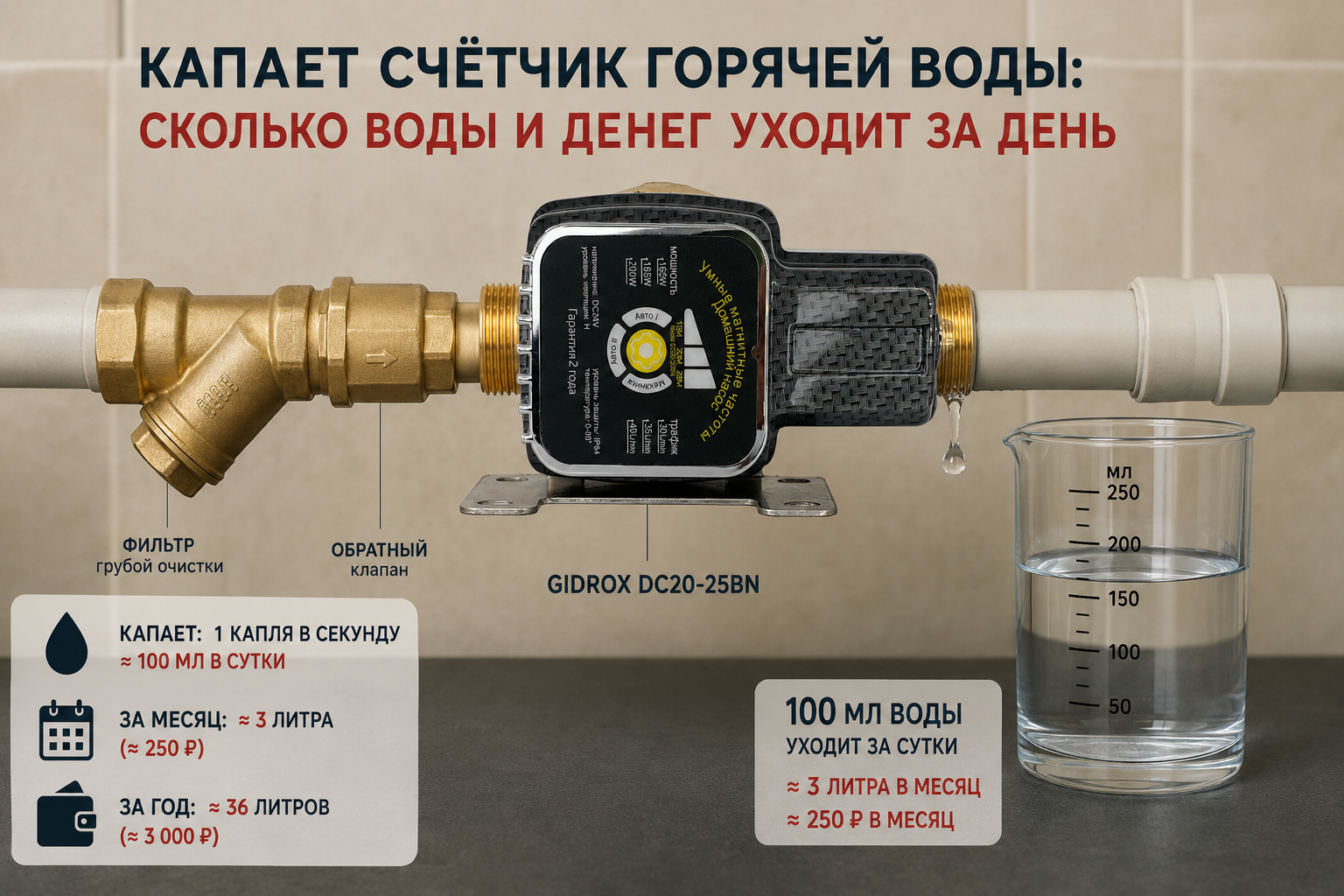 Крупный план счётчика горячей воды с каплей на резьбовом соединении и рядом стакан с отмеренным суточным объёмом воды для наглядности масштаба потери