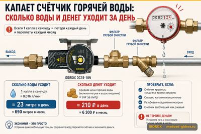 Капает счётчик горячей воды: сколько воды и денег уходит за день