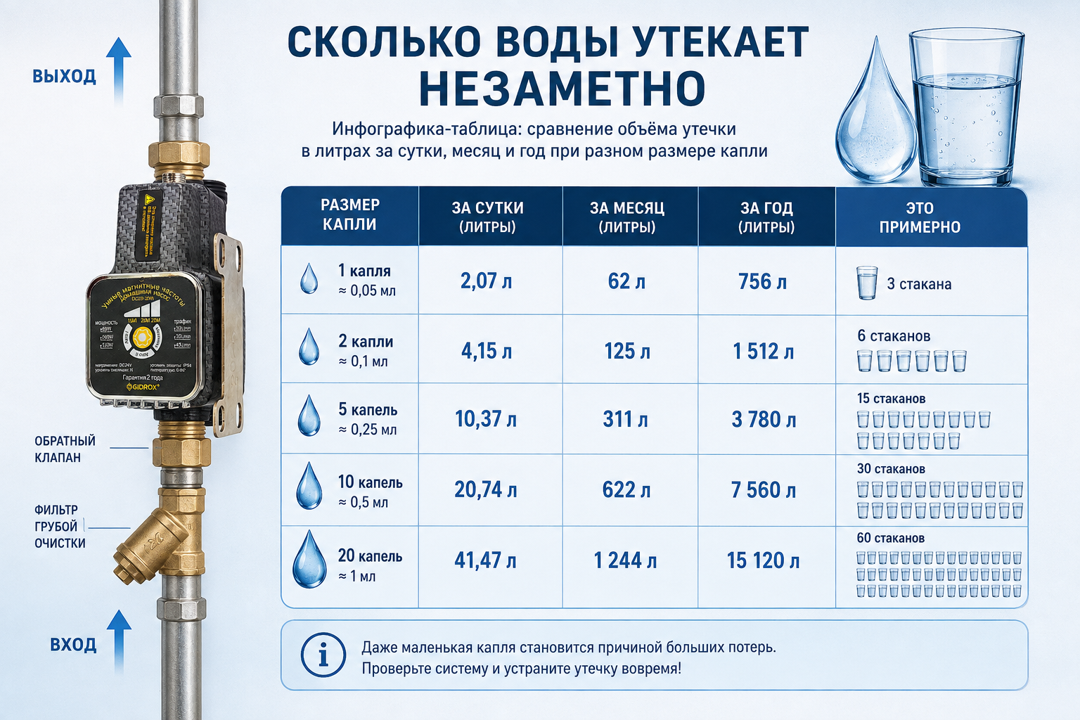 Инфографика-таблица с каплей воды и стаканом: сравнение объёма утечки в литрах за сутки, месяц и год при разном размере капли