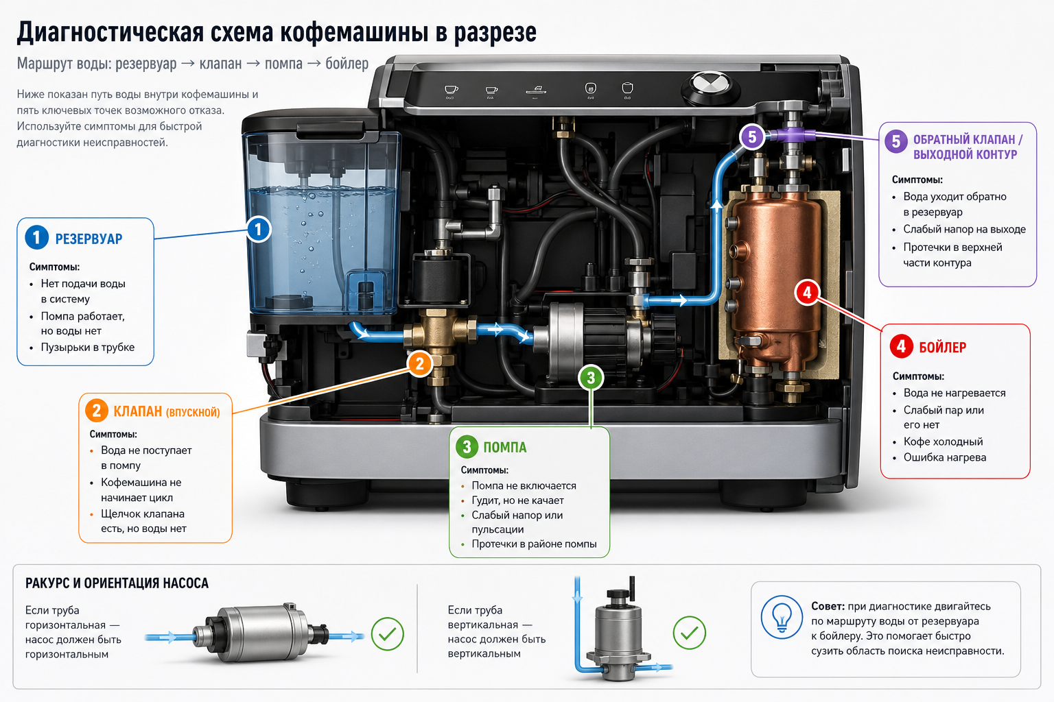 диагностическая схема кофемашины в разрезе: маршрут воды резервуар → клапан → помпа → бойлер, с цветными отметками пяти точек возможного отказа и подписями симптомов