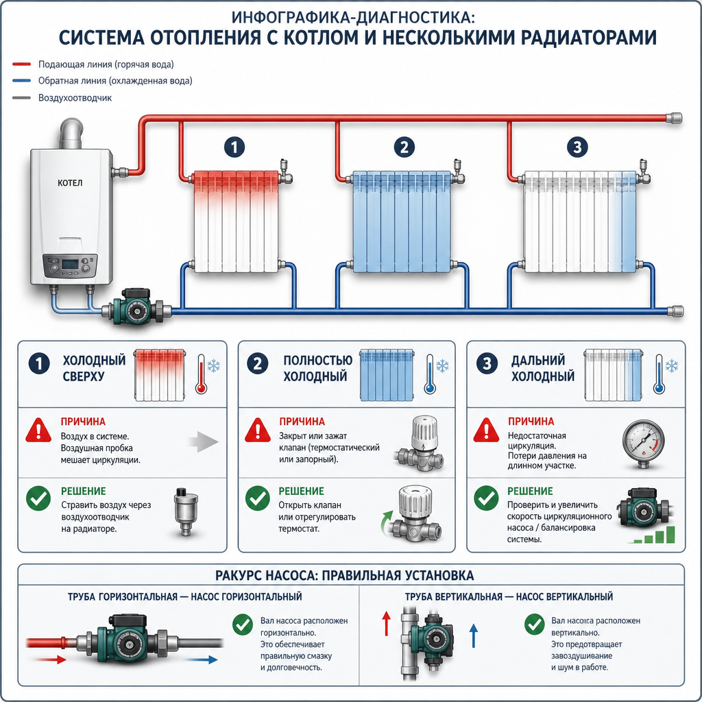 Инфографика-диагностика: схема системы отопления с котлом и несколькими радиаторами, у каждого иконка симптома (холодный сверху, полностью холодный, дальний холодный) с подписанной причиной и стрелкой