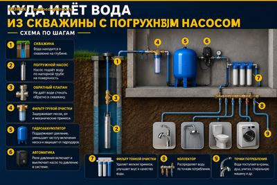 Куда идёт вода из скважины с погружным насосом: схема по шагам