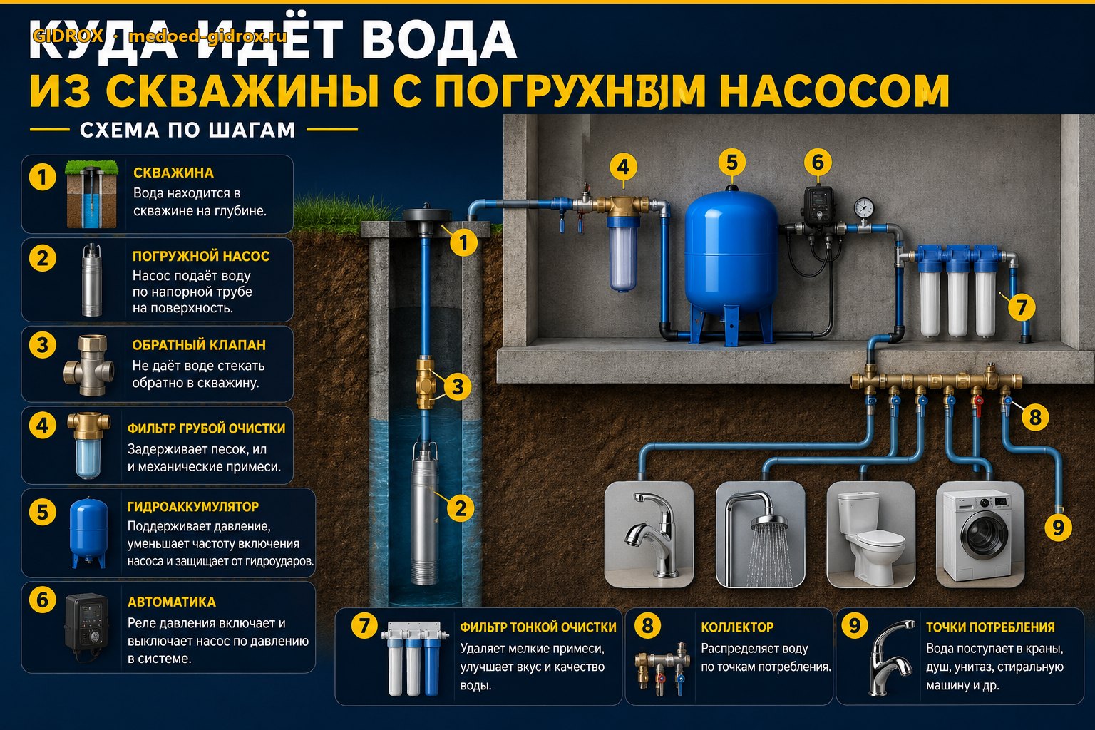 Куда идёт вода из скважины с погружным насосом: схема по шагам
