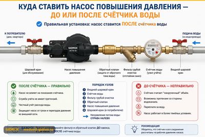 Куда ставить насос повышения давления — до или после счётчика воды