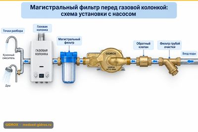 Магистральный фильтр перед газовой колонкой: схема установки с насосом