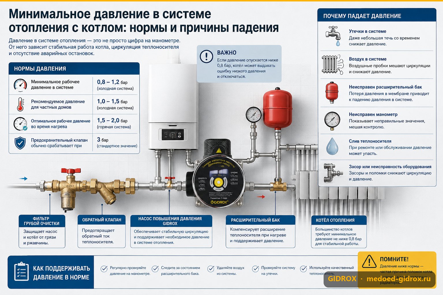 Минимальное давление в системе отопления с котлом: нормы и причины падения