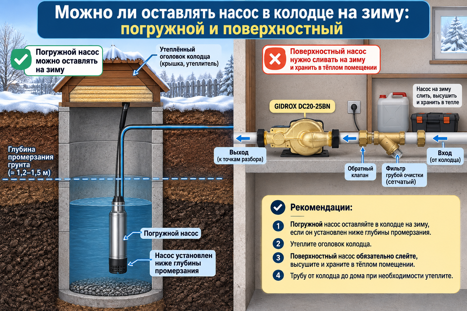 Схема колодца в разрезе с отметкой глубины промерзания грунта, утеплённым оголовком и погружным насосом ниже этой границы — рядом показан слитый поверхностный насос в тёплом помещении.