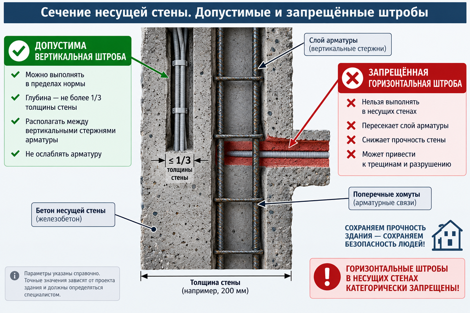 Схема сечения несущей стены с обозначением допустимой вертикальной штробы и запрещённой горизонтальной, с указанием слоя арматуры