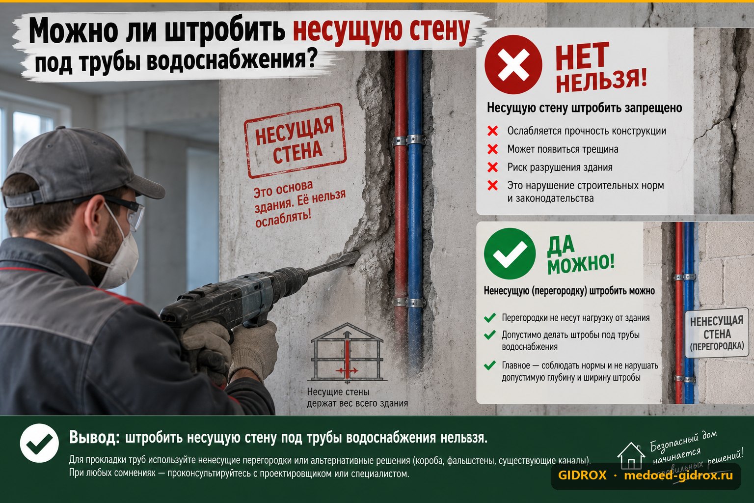 Можно ли штробить несущую стену под трубы водоснабжения
