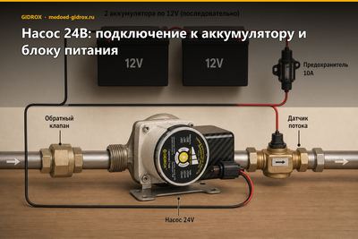 Насос 24В: подключение к аккумулятору и блоку питания