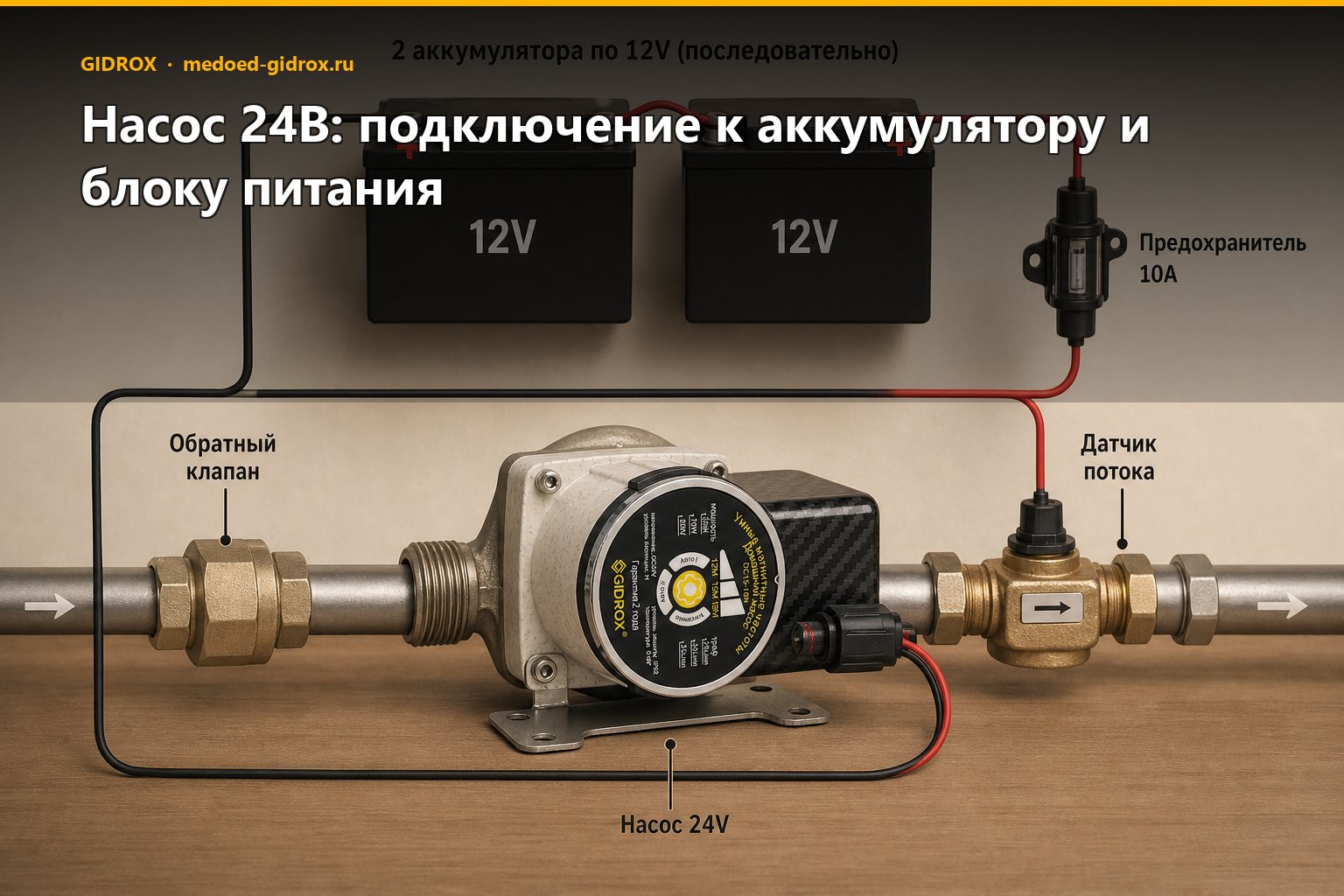 Насос 24В: подключение к аккумулятору и блоку питания