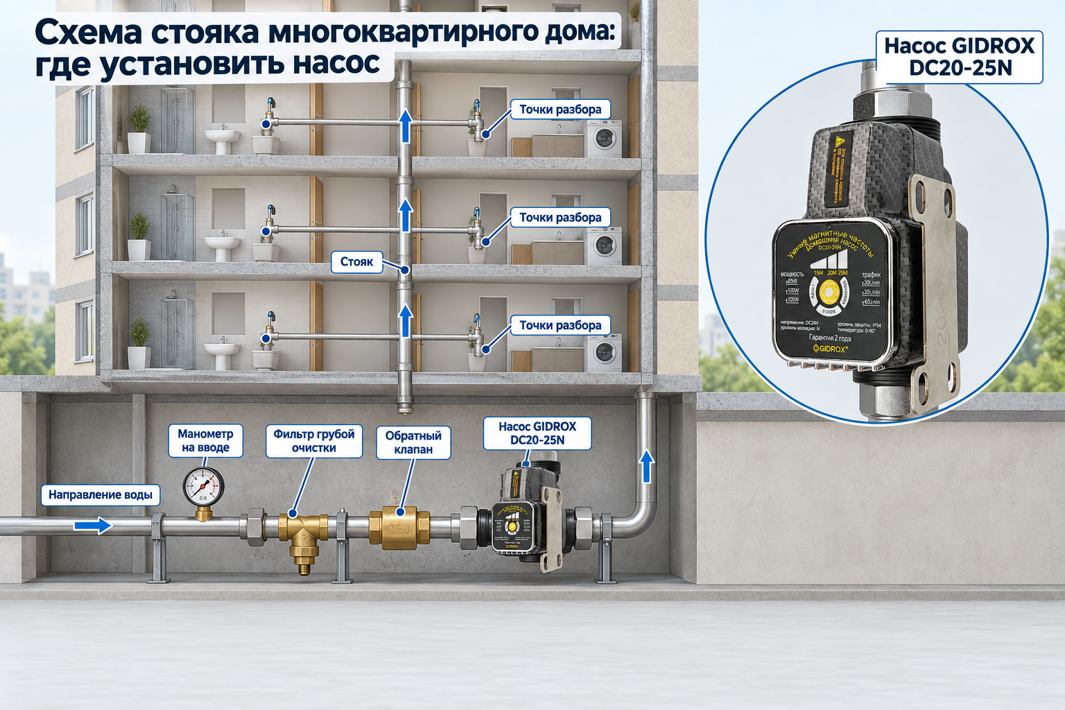 схема стояка многоквартирного дома с указанием точки установки насоса, манометра на вводе и обратного клапана до насоса на горизонтальном участке трубы