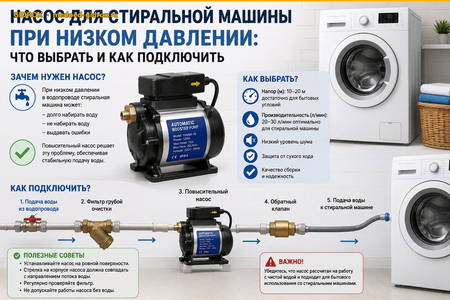 Насос для стиральной машины при низком давлении: что выбрать и как подключить