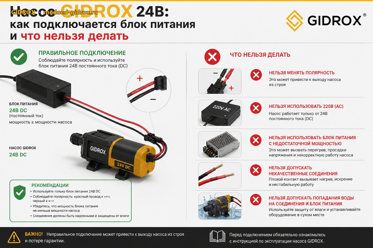 Насос GIDROX 24В: как подключается блок питания и что нельзя делать