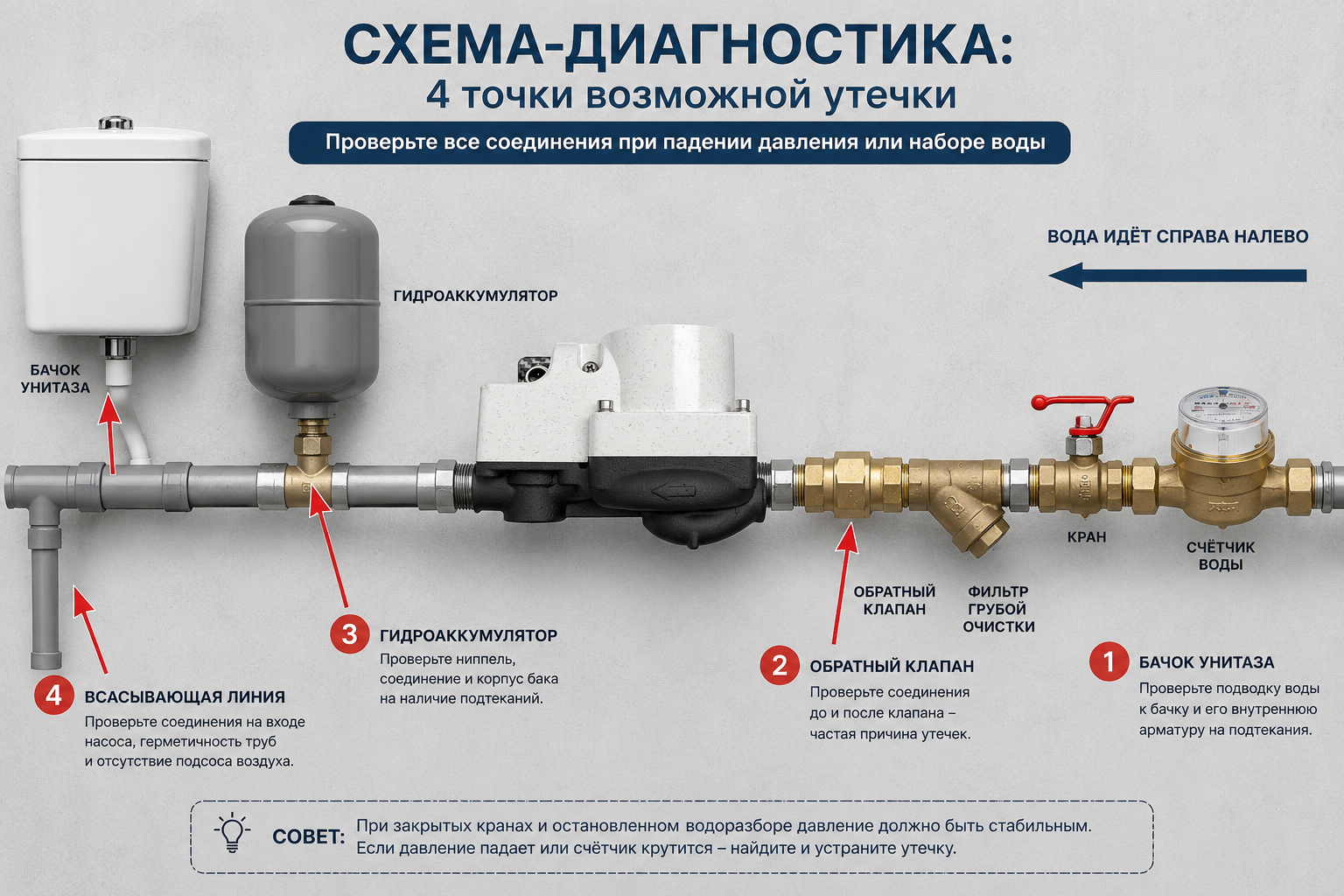 Схема-диагностика: трубопровод с насосом, счётчиком воды и обратным клапаном, на которой стрелками показаны 4 точки возможной утечки — бачок унитаза, обратный клапан, гидроаккумулятор, всасывающая лин