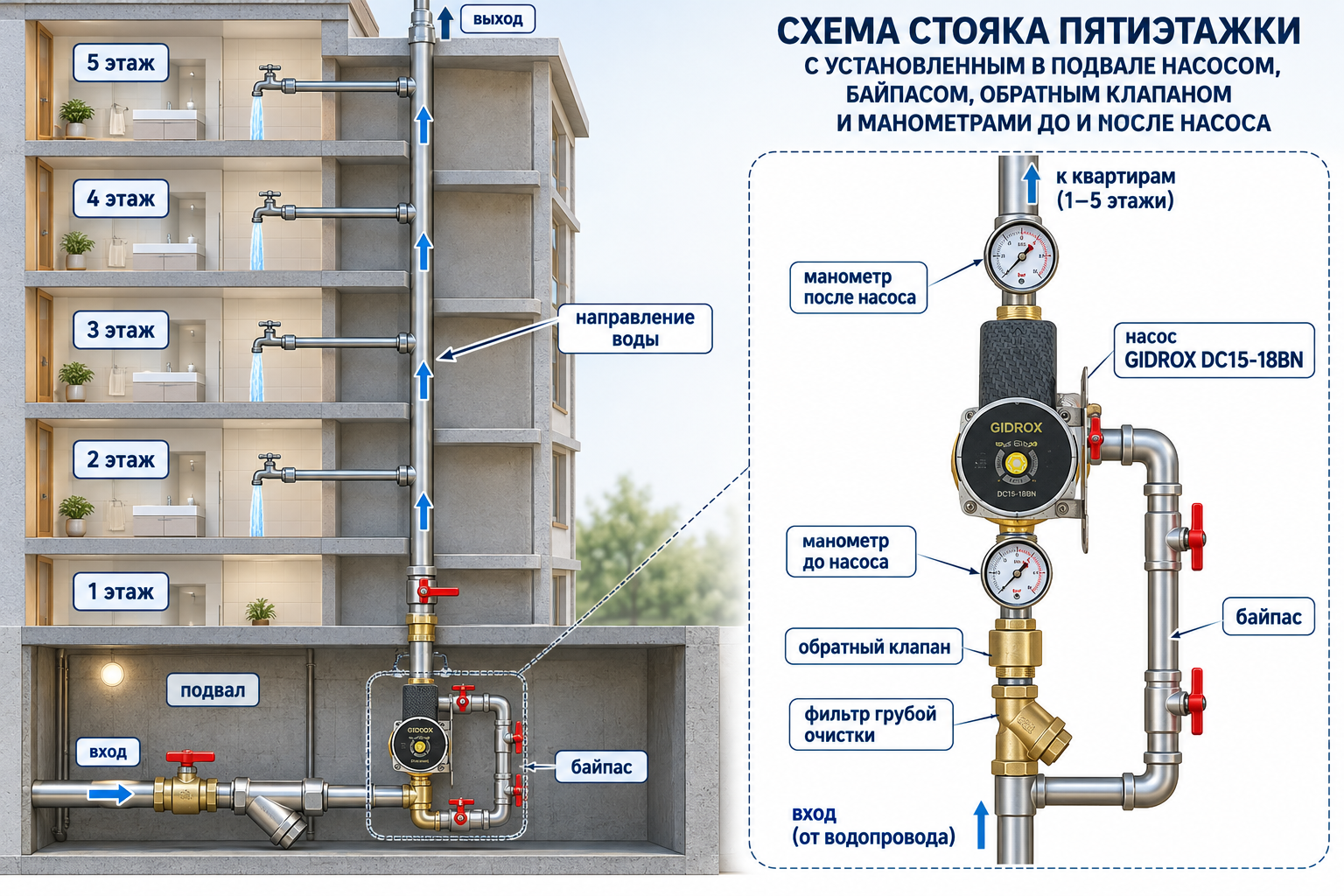 Схема стояка пятиэтажки с установленным в подвале насосом, байпасом, обратным клапаном и манометрами до и после насоса
