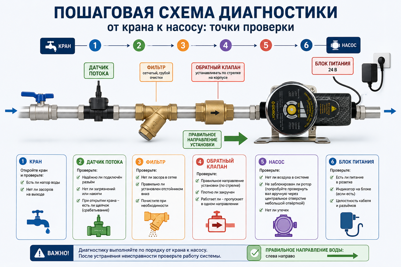 Пошаговая схема диагностики — от крана к насосу показаны точки проверки: блок питания, датчик потока, фильтр, обратный клапан с указанием правильного направления установки