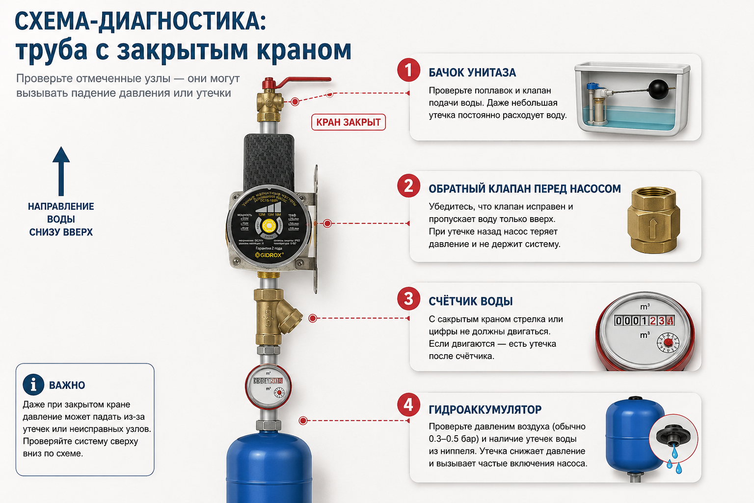 Схема-диагностика: труба с закрытым краном, точками отмечены места проверки — обратный клапан перед насосом, бачок унитаза, счётчик воды и гидроаккумулятор с указанием на утечку